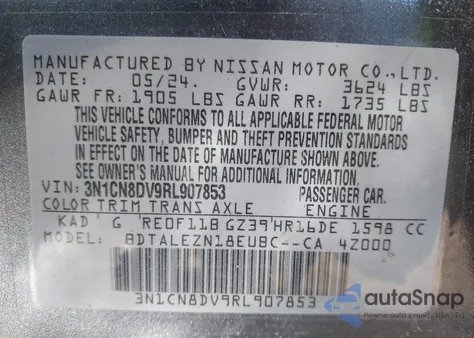 2024 Nissan Versa 1.6 S z USA, uszkodzony, nr VIN 3N1CN8DV9RL907853